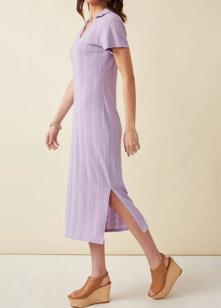 Ribbed Knit Open Collar Lilac Dress