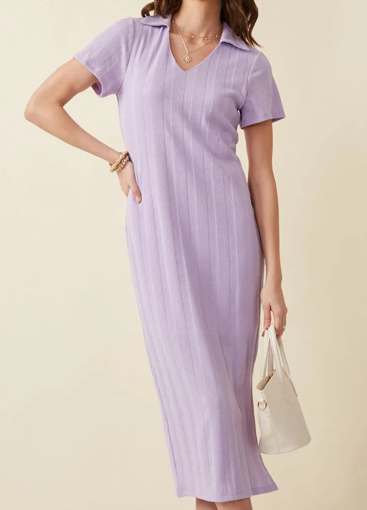 Ribbed Knit Open Collar Lilac Dress