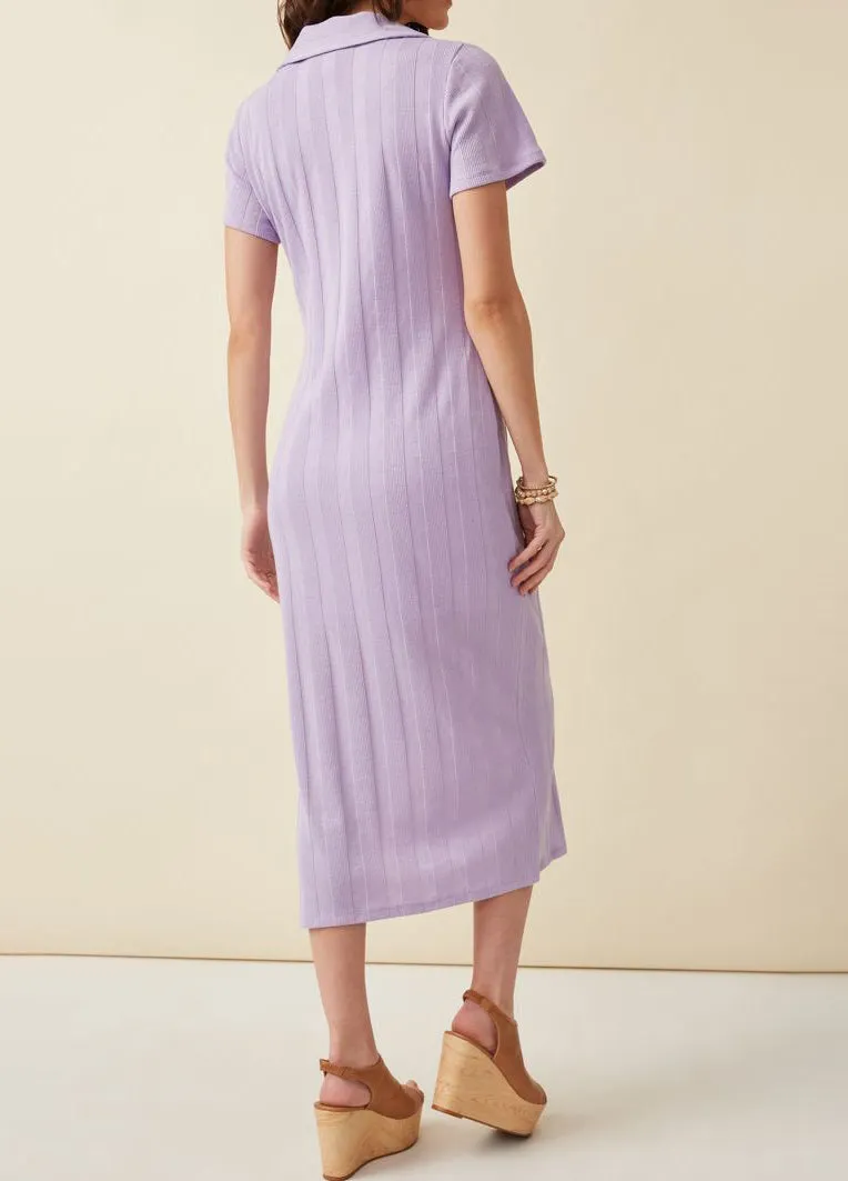 Ribbed Knit Open Collar Lilac Dress