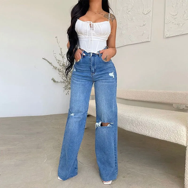 Ripped Knees High Waist Wide Leg Loose Denim Jeans