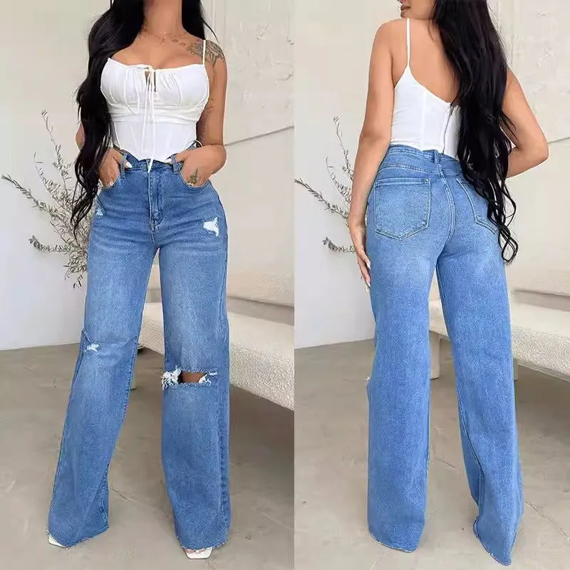 Ripped Knees High Waist Wide Leg Loose Denim Jeans