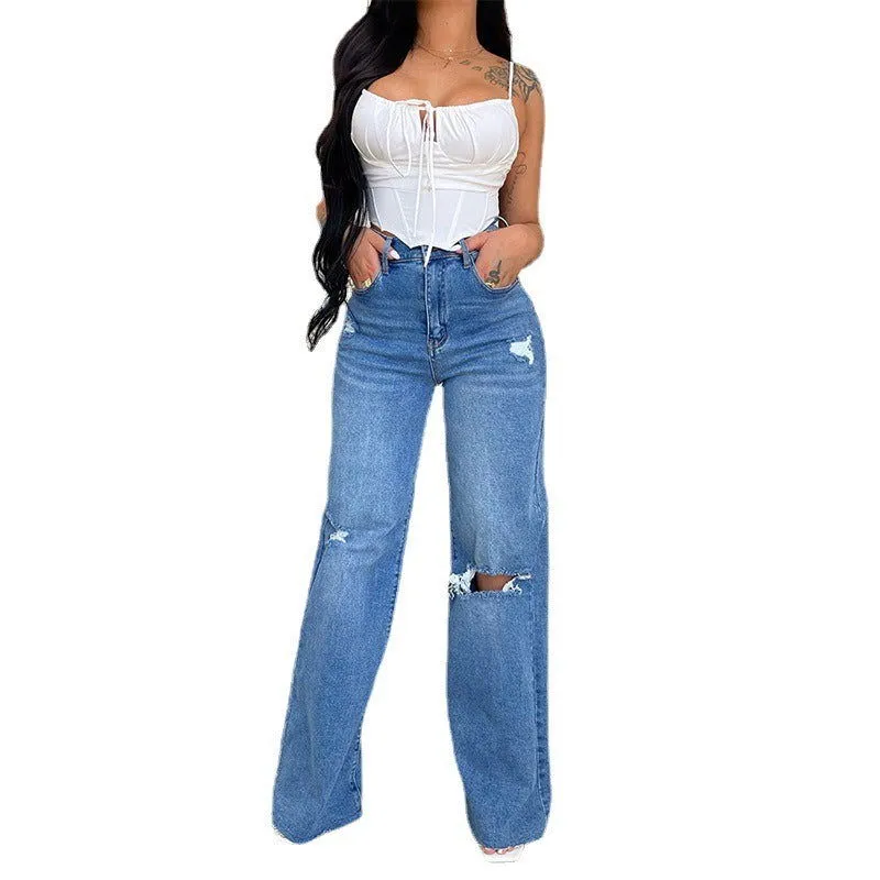 Ripped Knees High Waist Wide Leg Loose Denim Jeans