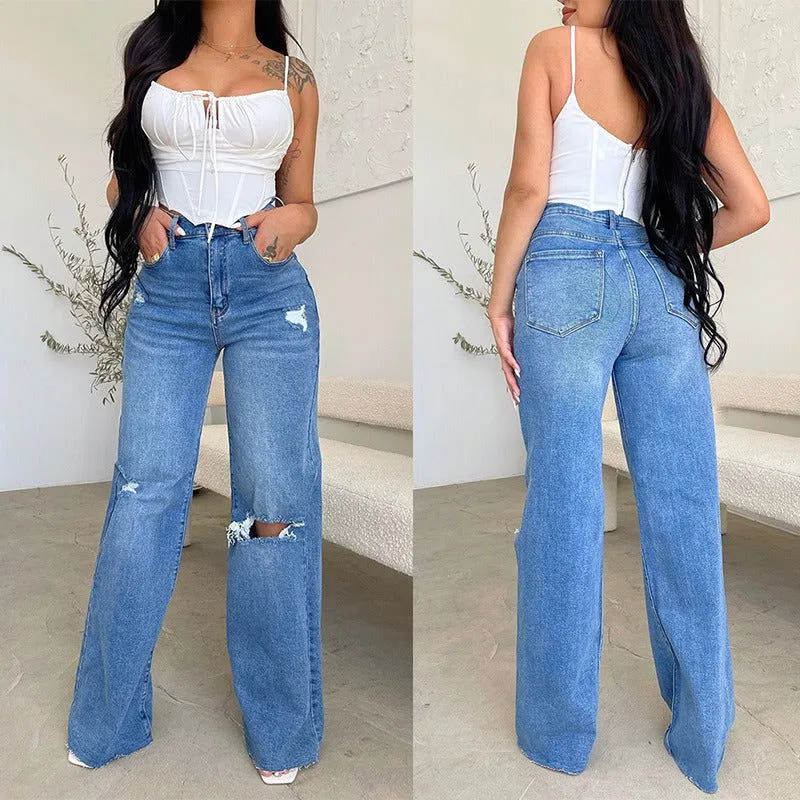 Ripped Knees High Waist Wide Leg Loose Denim Jeans