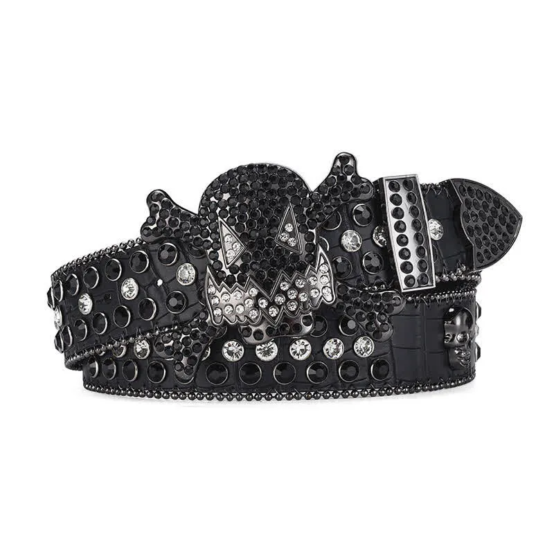 Rock Skull Rhinestone Beaded Decor Leather Belt