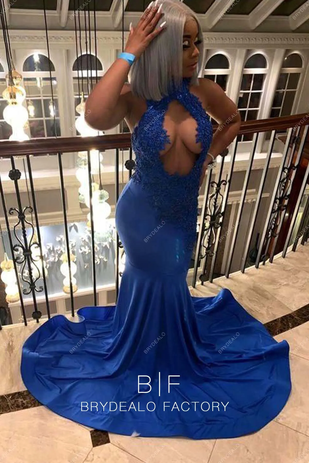 Royal Blue Keyhole Halter Neck Lace Mermaid Jersey Prom Dress