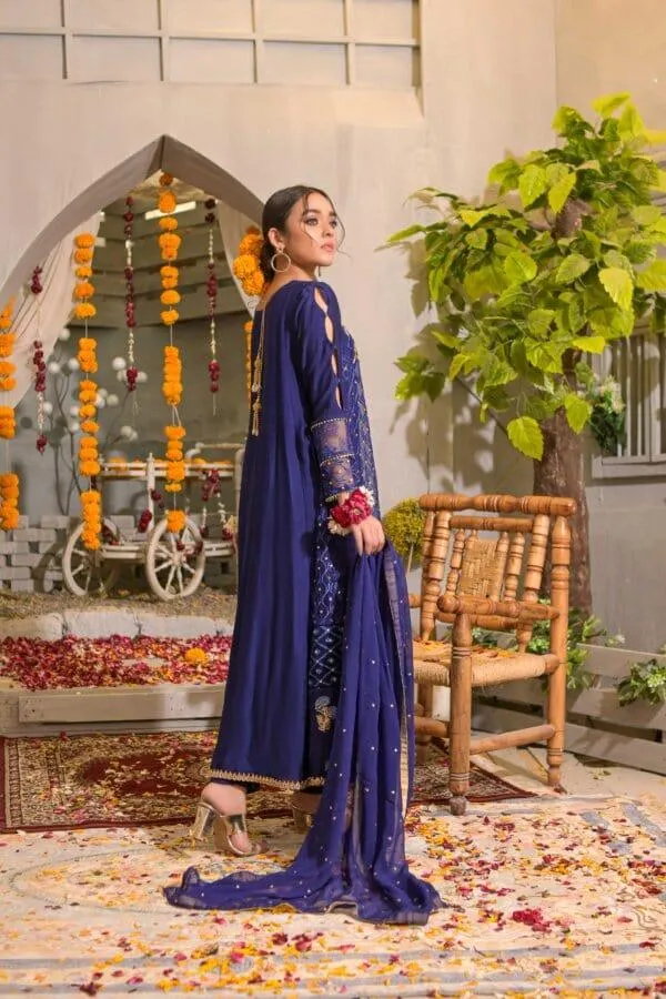 Rubys Couture - Navy Blue Organza Embroidered Frock with Raw Silk Pants - Roshanara