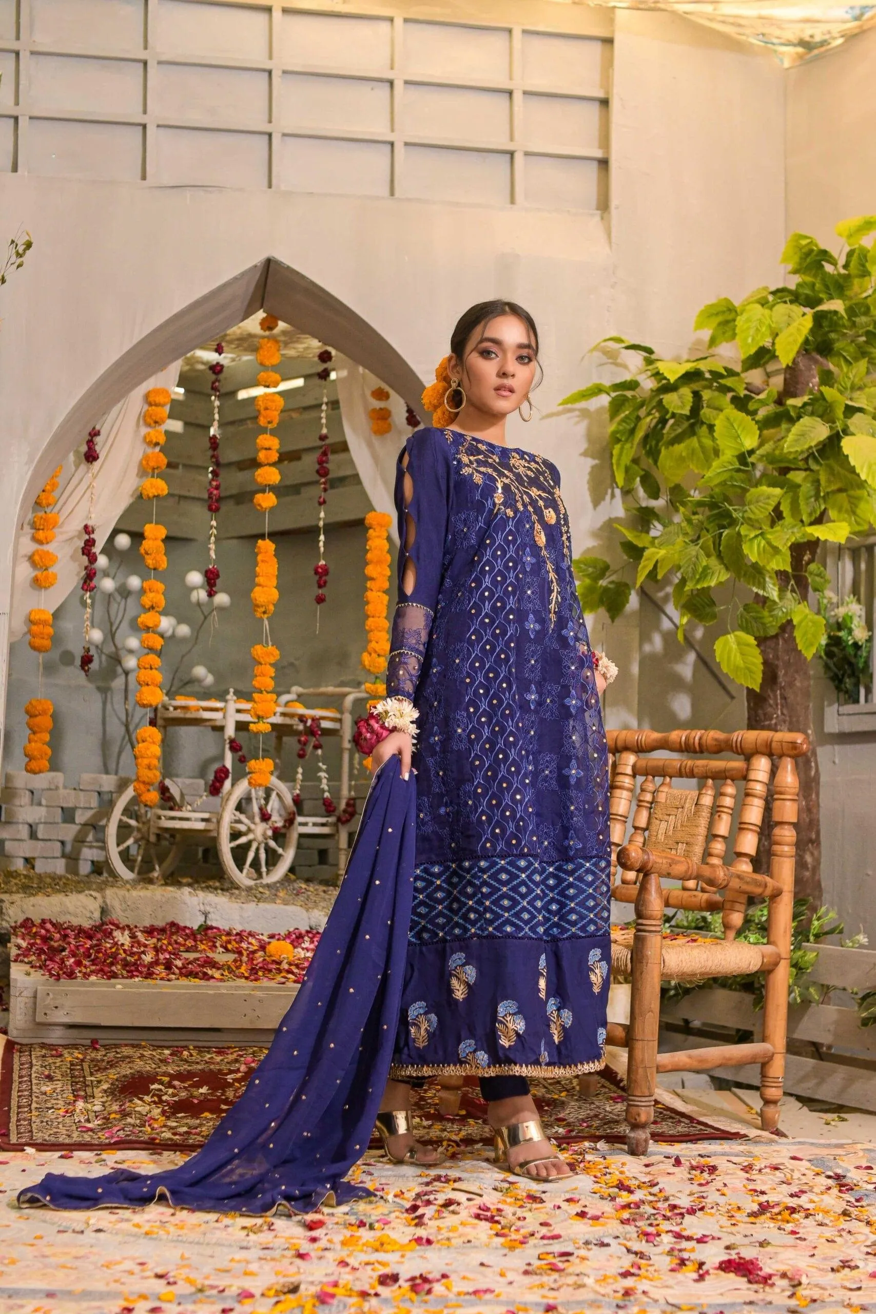 Rubys Couture - Navy Blue Organza Embroidered Frock with Raw Silk Pants - Roshanara