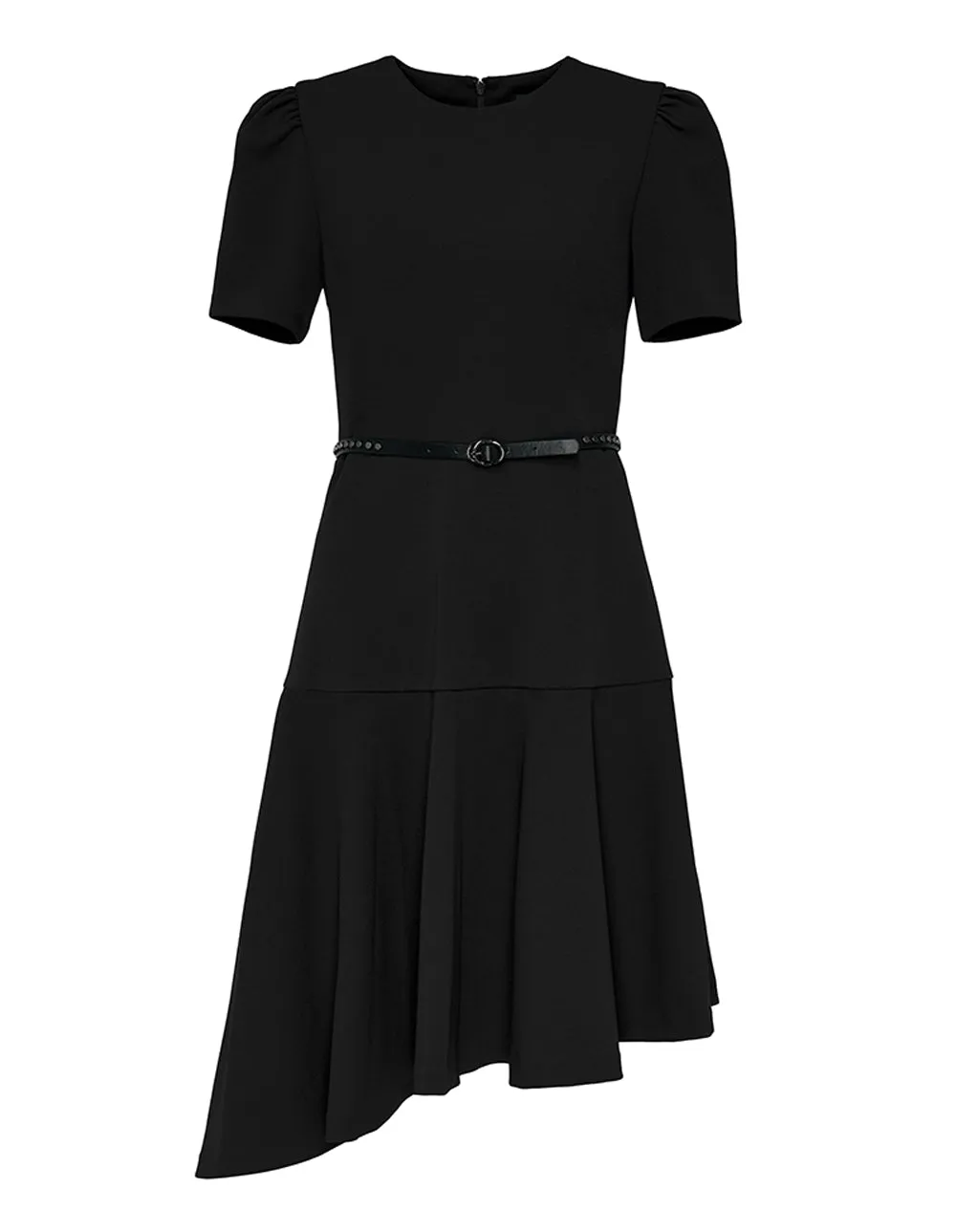 Scuba Crepe Asymmetrical Ruffle Hem Dress