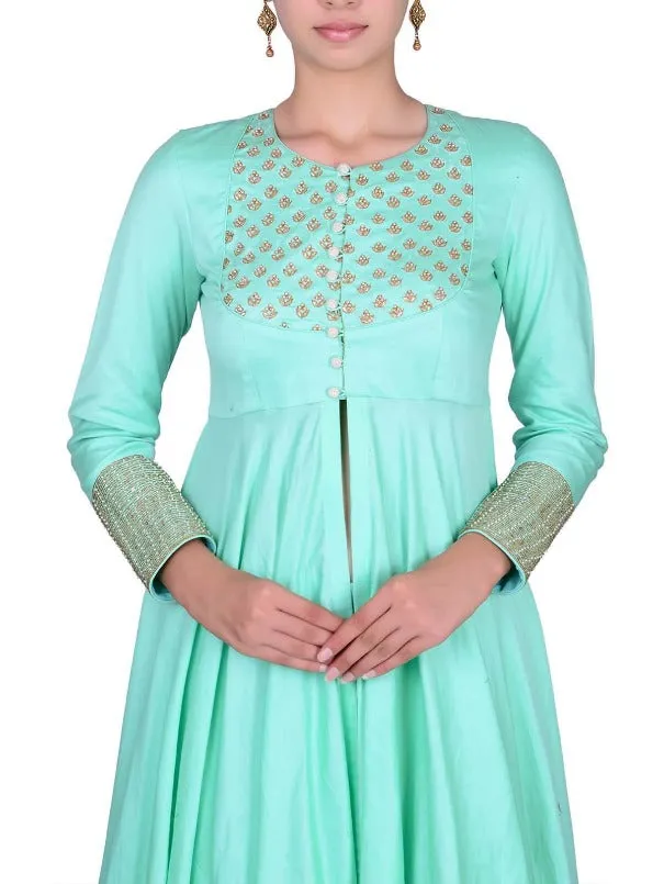 Sea Green Cotton Silk Zardozi Pitta Embroidery Hi - low Top with Pants