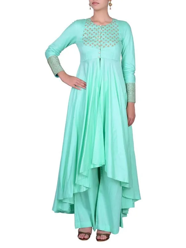 Sea Green Cotton Silk Zardozi Pitta Embroidery Hi - low Top with Pants