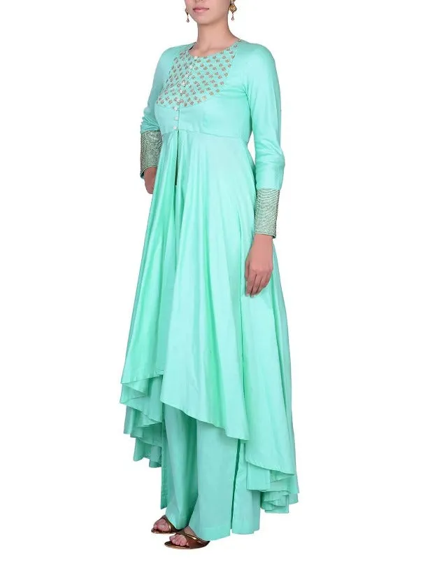 Sea Green Cotton Silk Zardozi Pitta Embroidery Hi - low Top with Pants