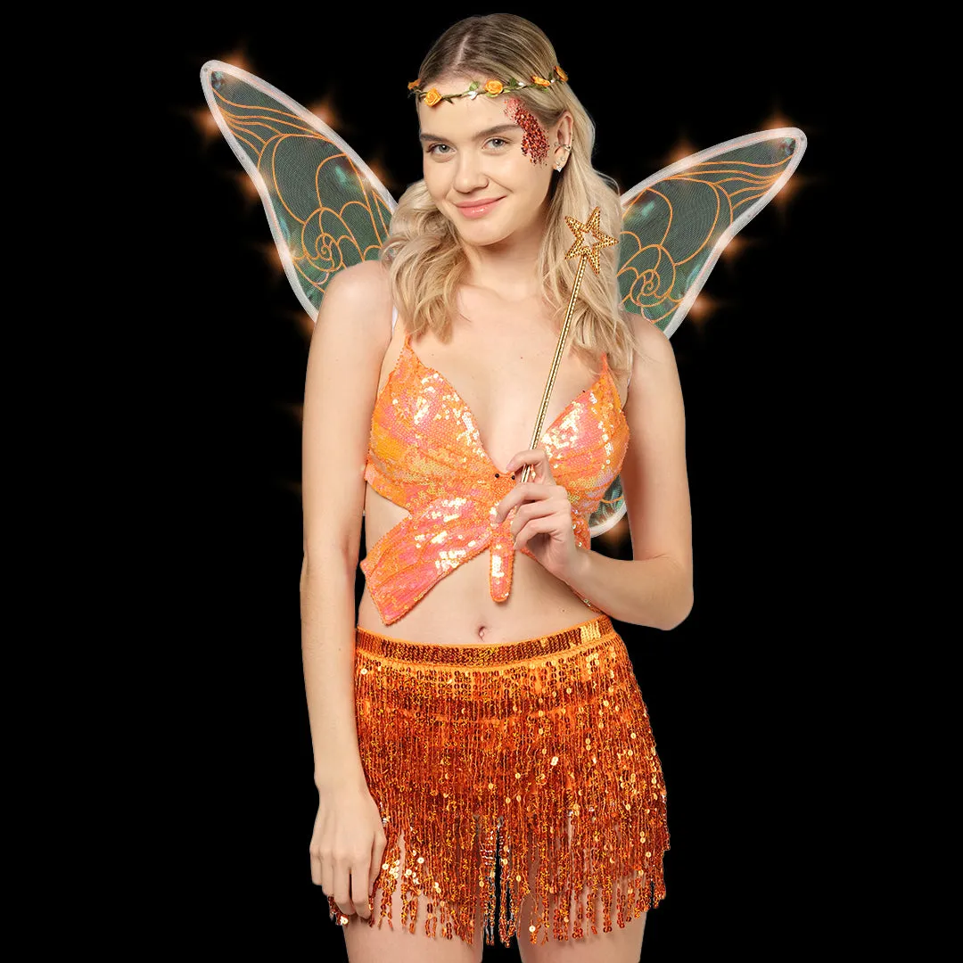 Sequin Fringe Mini Skirt - Sparkly Belly Dance Hip Scarf - Space Cowgirl Outfit - Holographic Tassel Skirts - Party Accessories - Music Festival Rave Clothes for Women ( Orange ) - FUNCREDIBLE