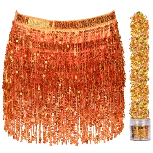 Sequin Fringe Mini Skirt - Sparkly Belly Dance Hip Scarf - Space Cowgirl Outfit - Holographic Tassel Skirts - Party Accessories - Music Festival Rave Clothes for Women ( Orange ) - FUNCREDIBLE