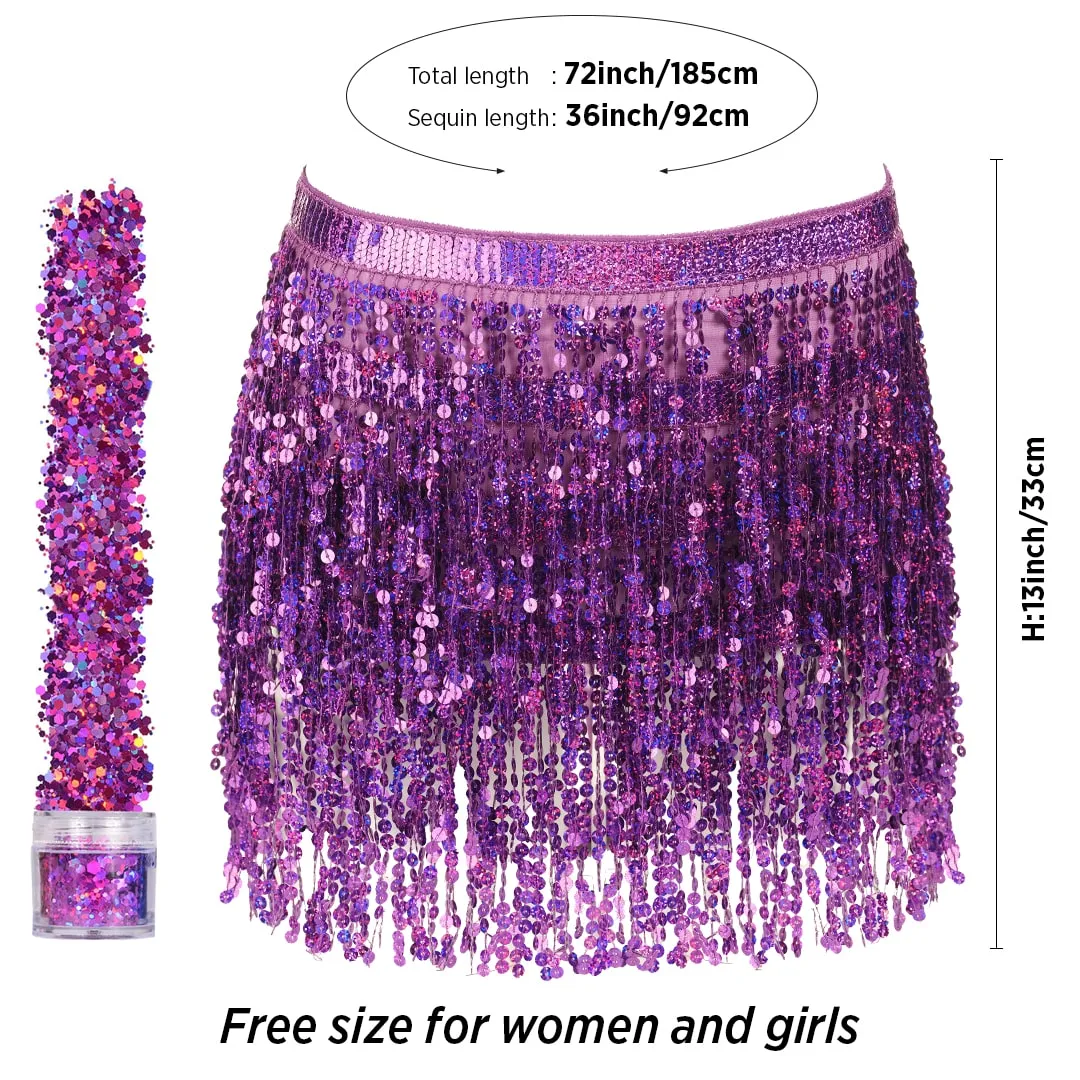 Sequin Fringe Mini Skirt - Sparkly Belly Dance Hip Scarf - Space Cowgirl Outfit - Holographic Tassel Skirts - Party Accessories - Music Festival Rave Clothes for Women ( Purple ) - FUNCREDIBLE