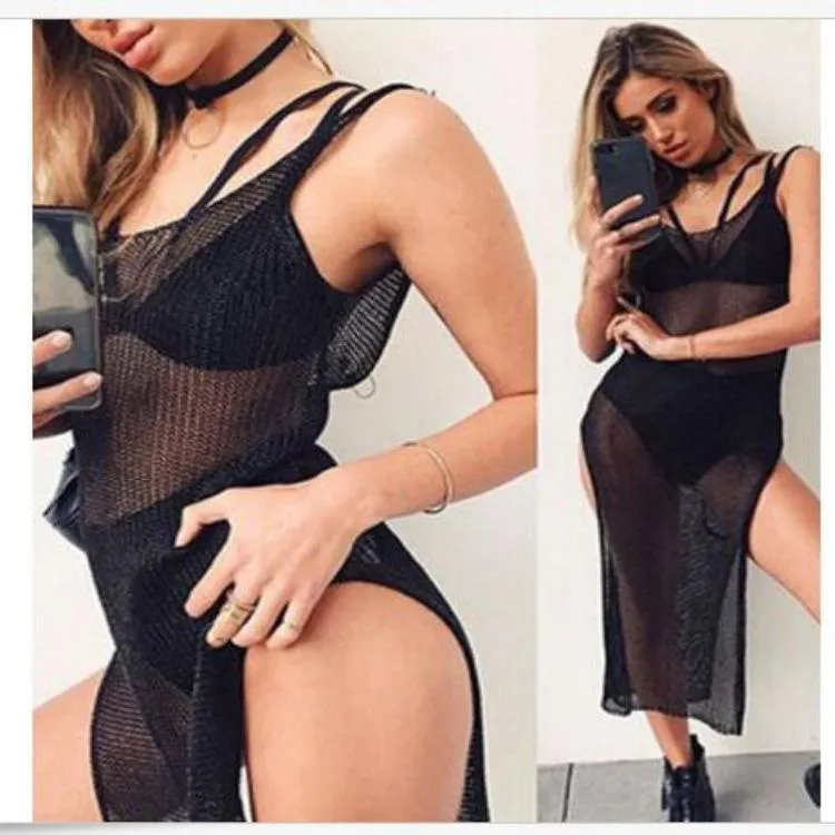 Sexy Knit Hollow Sleeveless Side Split Beach Swimwear Bikini Cover Up