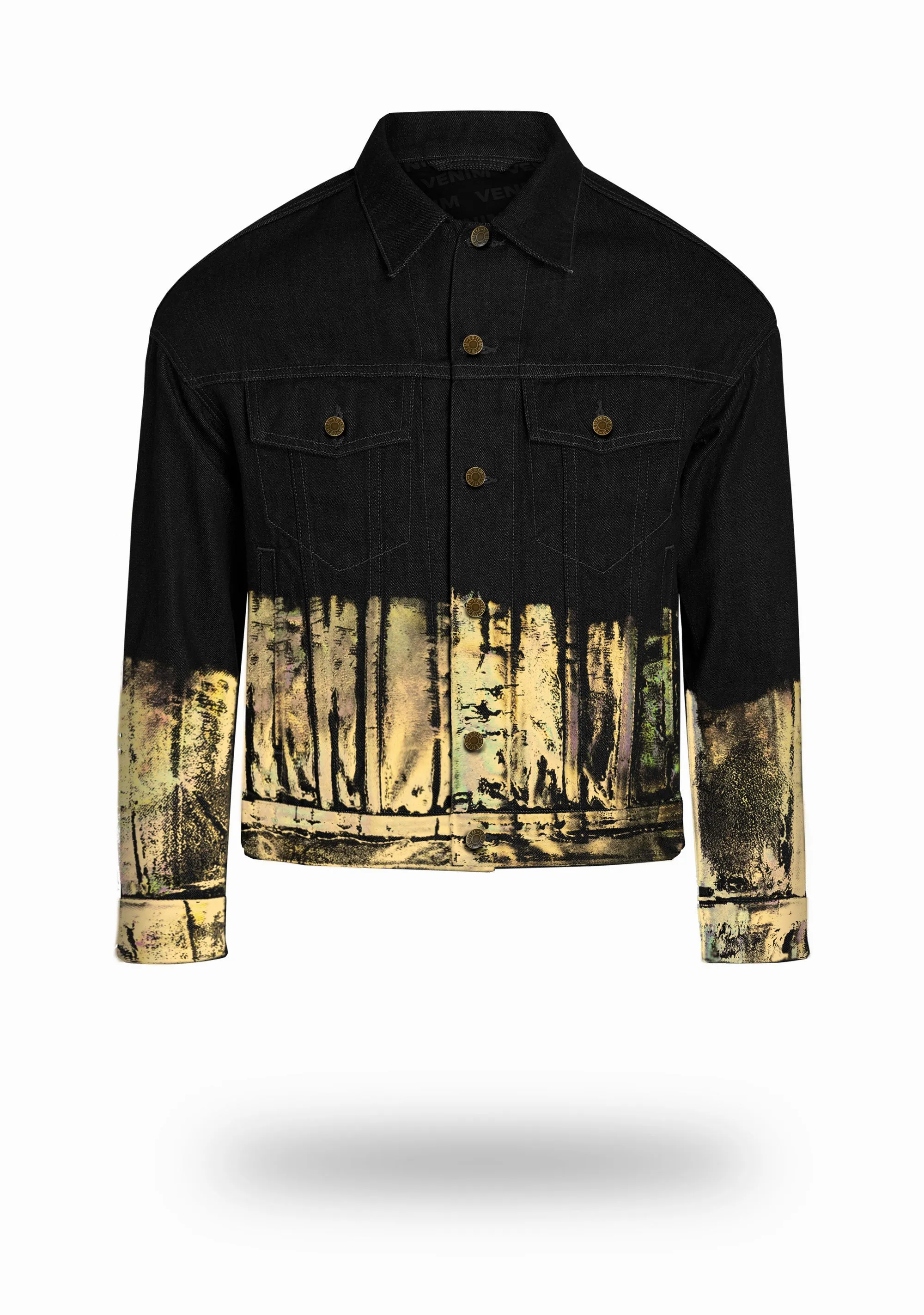 Shorter Classic Black Denim Jacket with Gold Holographic Foil