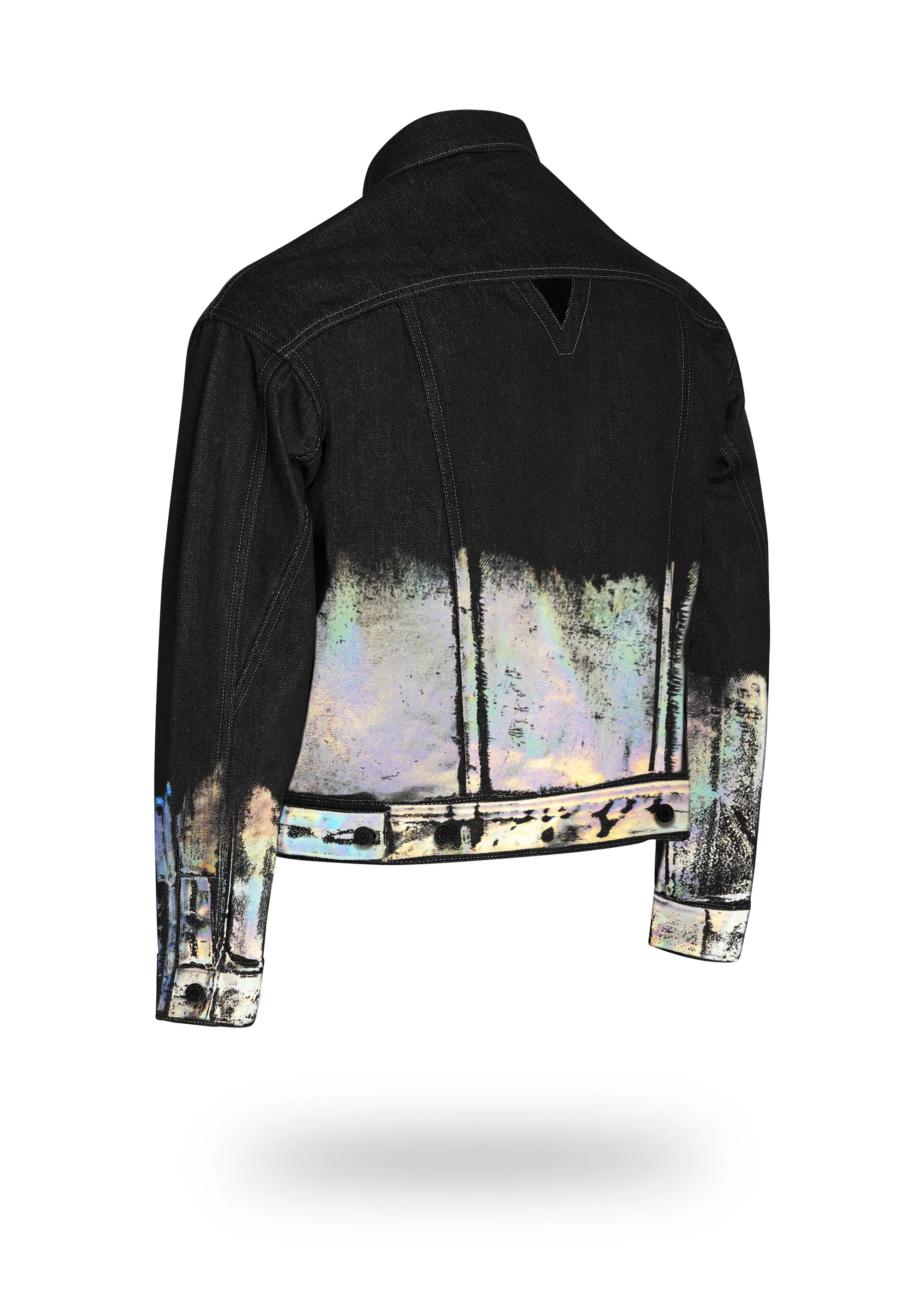 Shorter Classic Black Denim Jacket with Holographic Foil