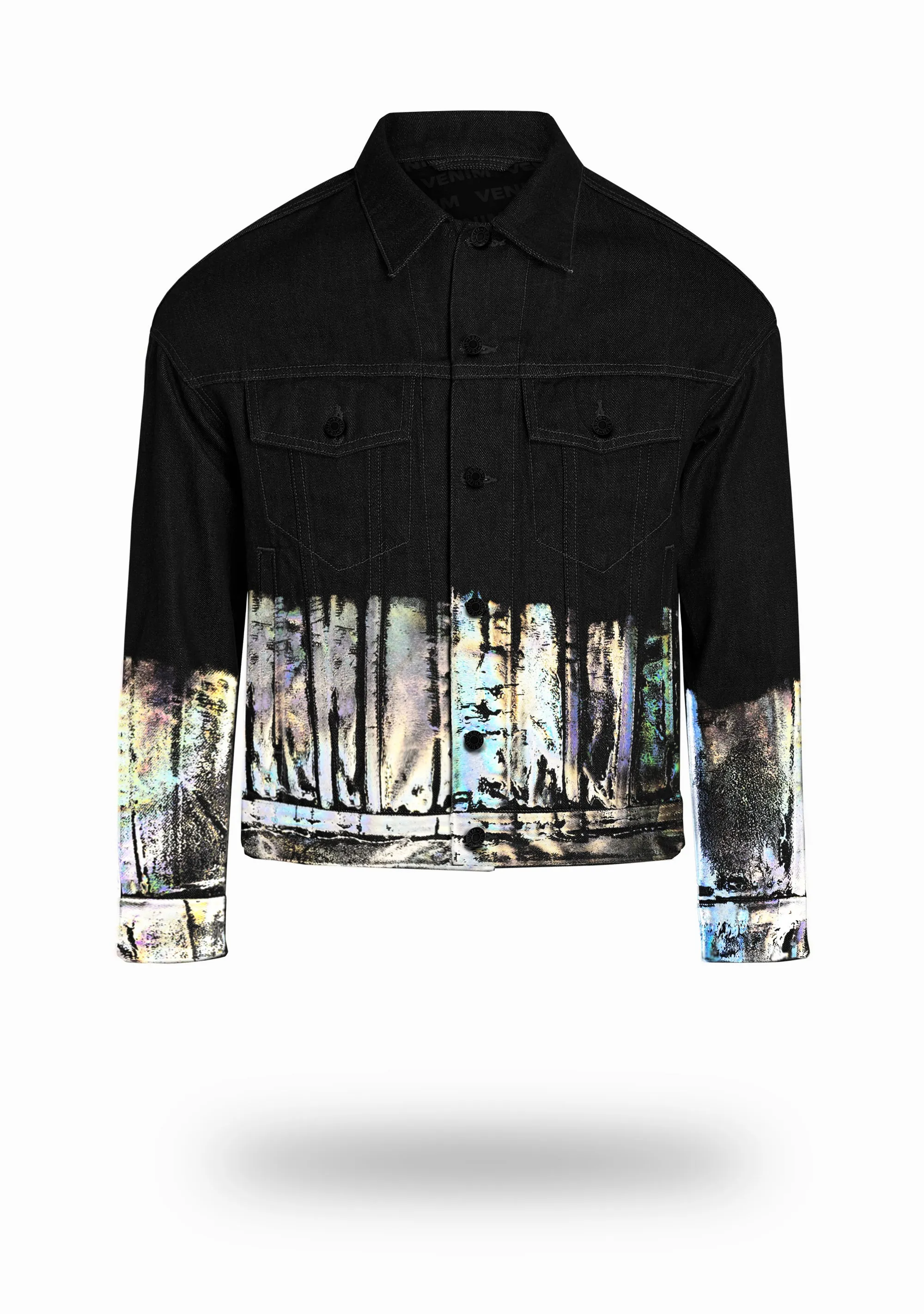 Shorter Classic Black Denim Jacket with Holographic Foil