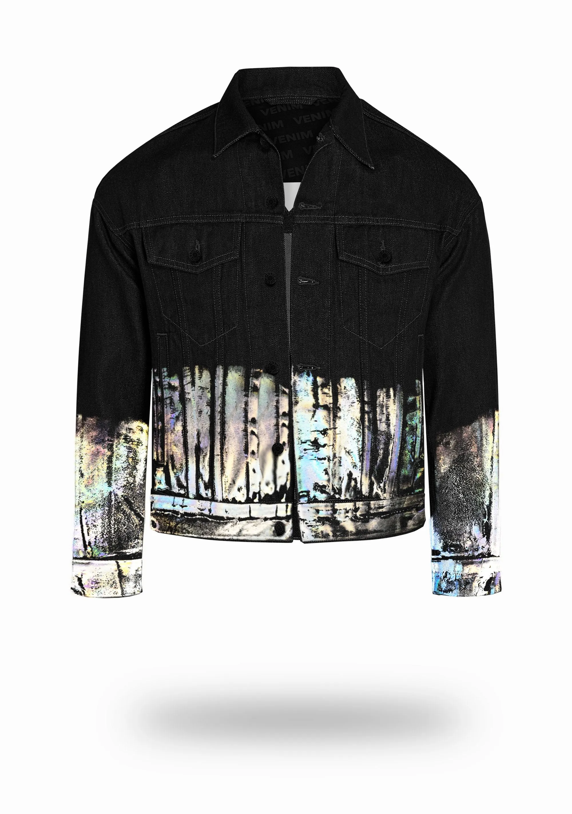 Shorter Classic Black Denim Jacket with Holographic Foil