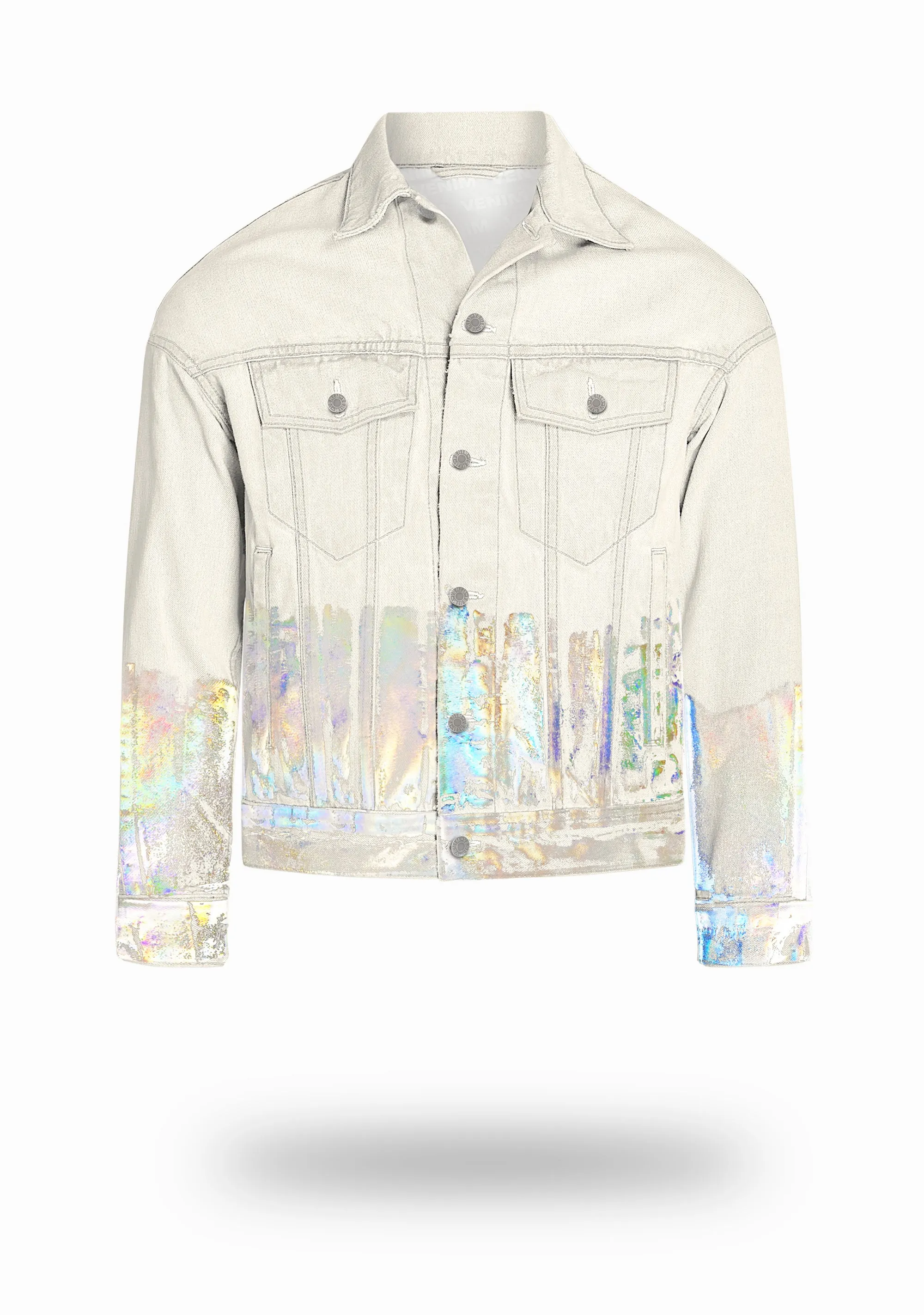 Shorter Off-White Denim Jacket with Holographic Foil