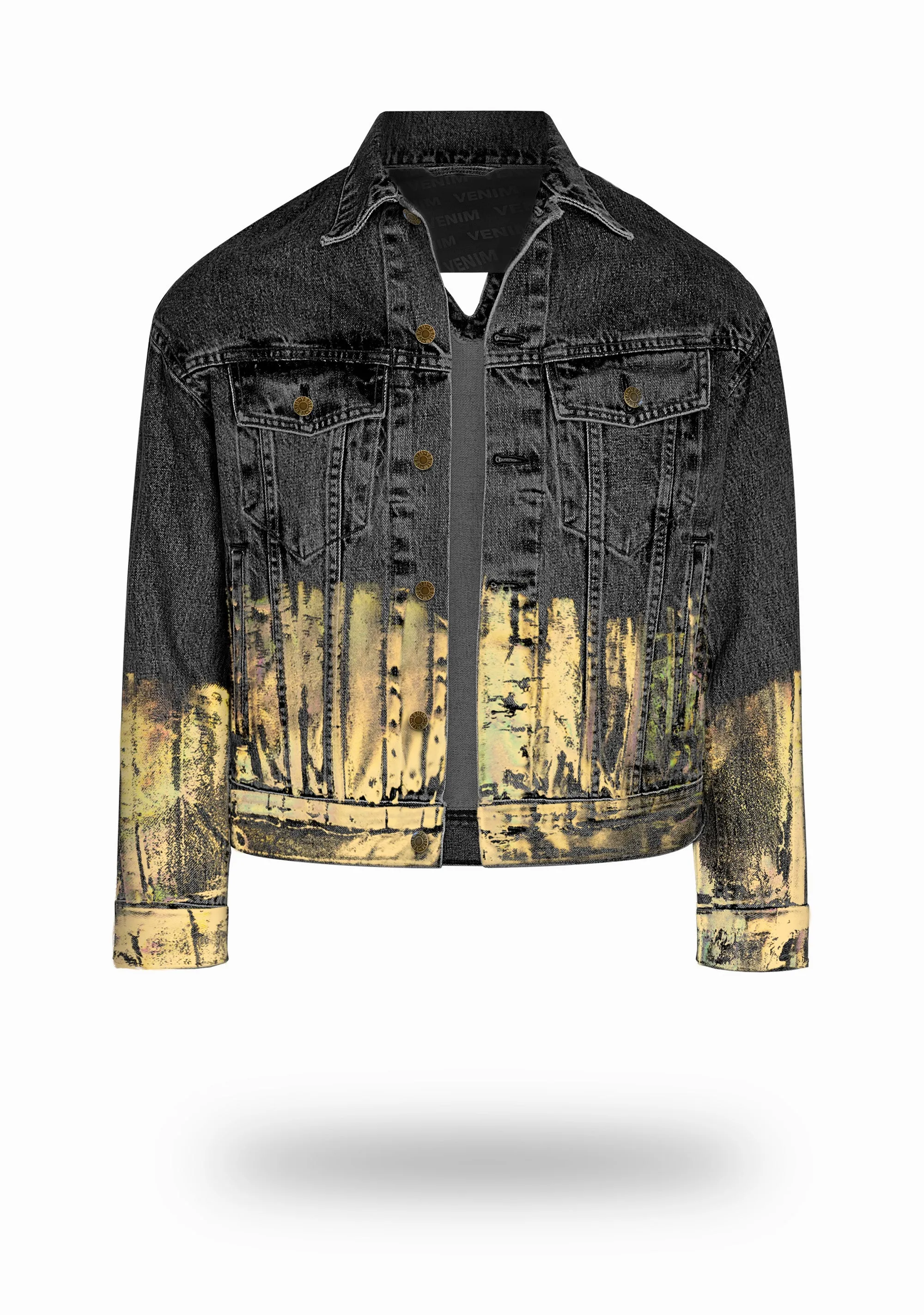 Shorter Washed Black Denim Jacket with Gold Holographic Foil