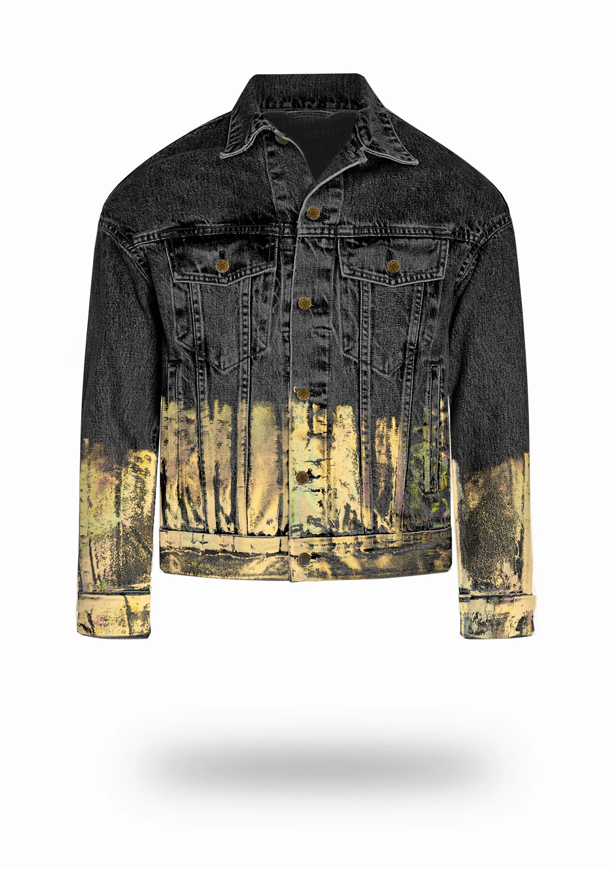 Shorter Washed Black Denim Jacket with Gold Holographic Foil