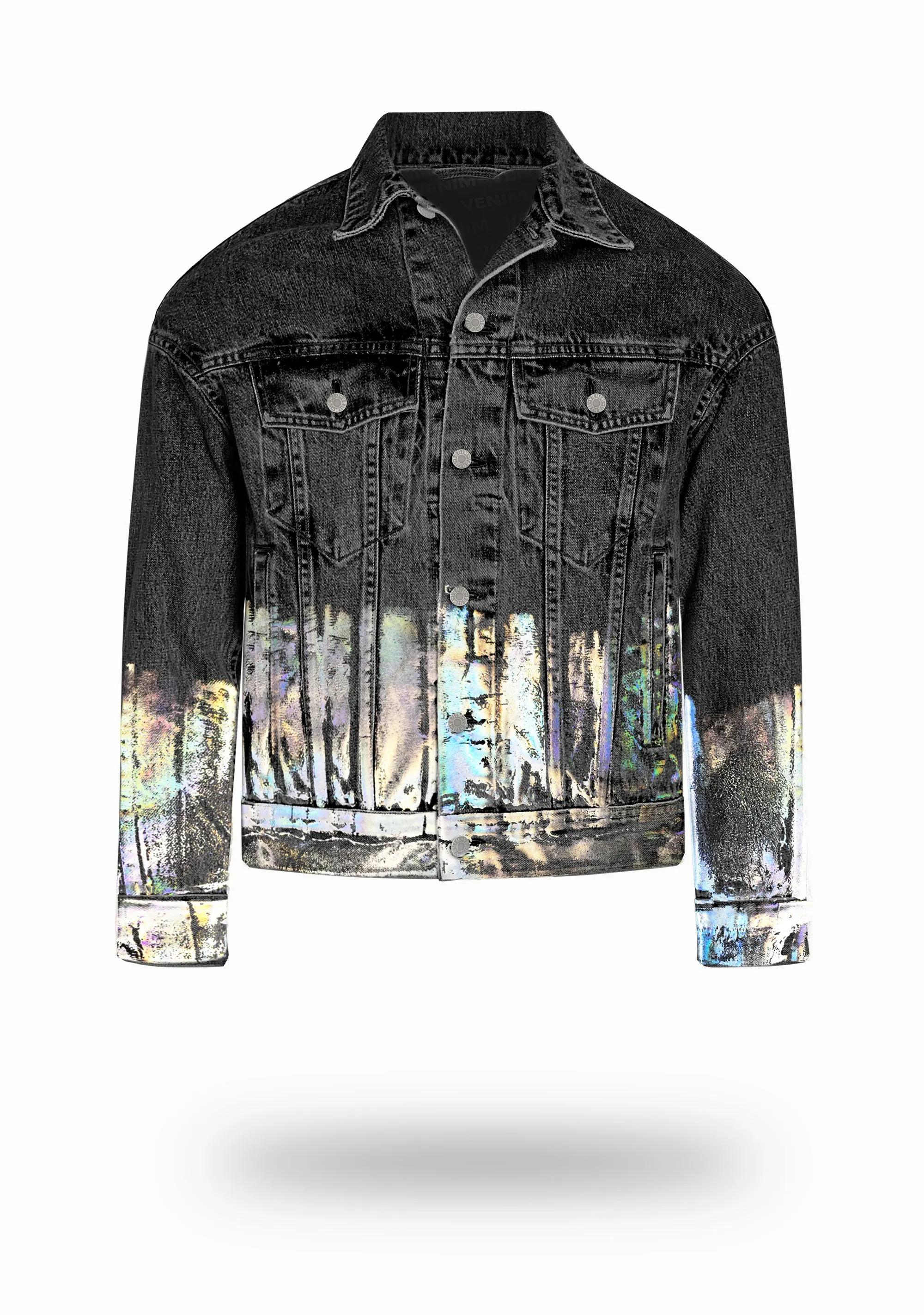 Shorter Washed Black Denim Jacket with Holographic Foil