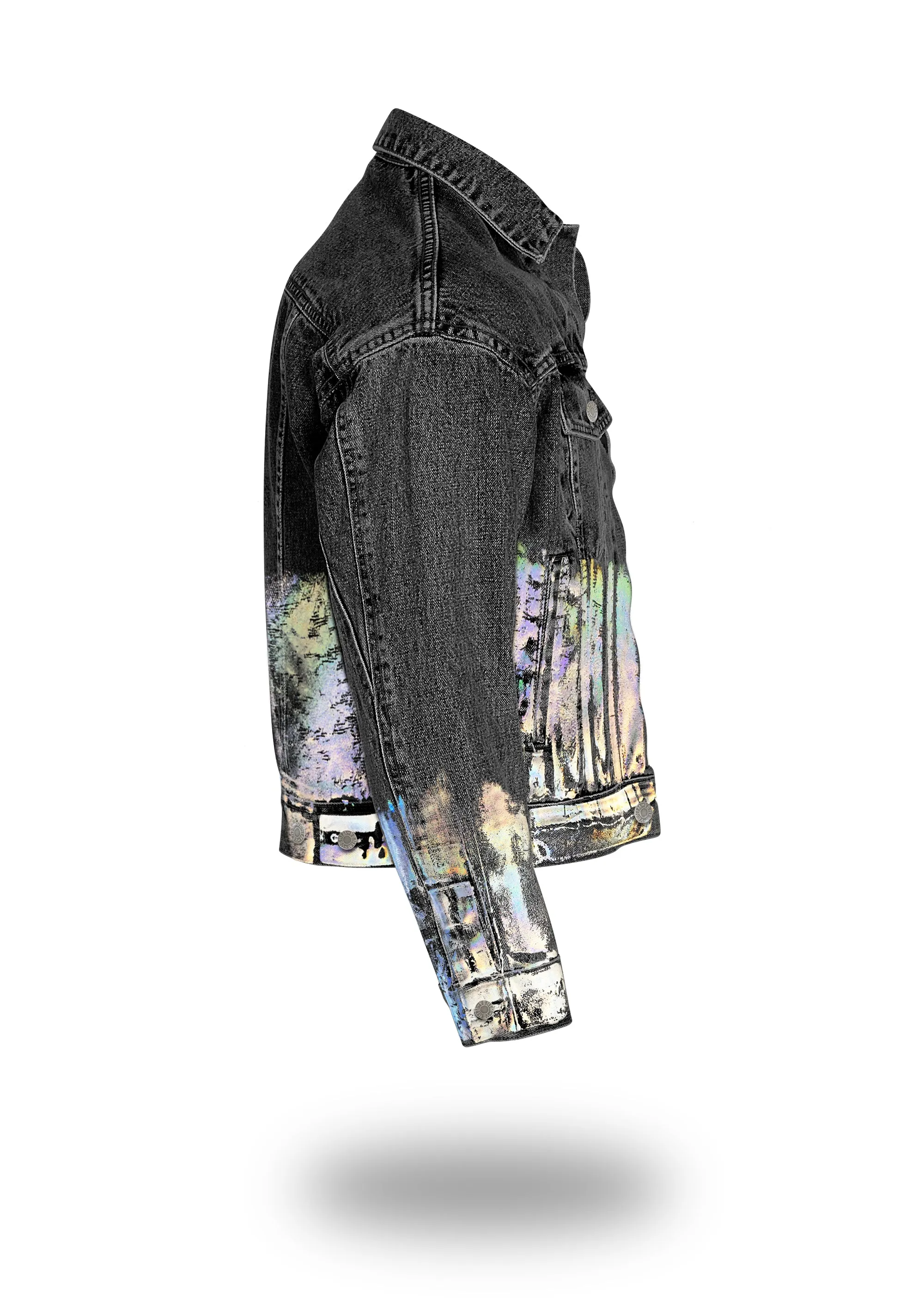 Shorter Washed Black Denim Jacket with Holographic Foil