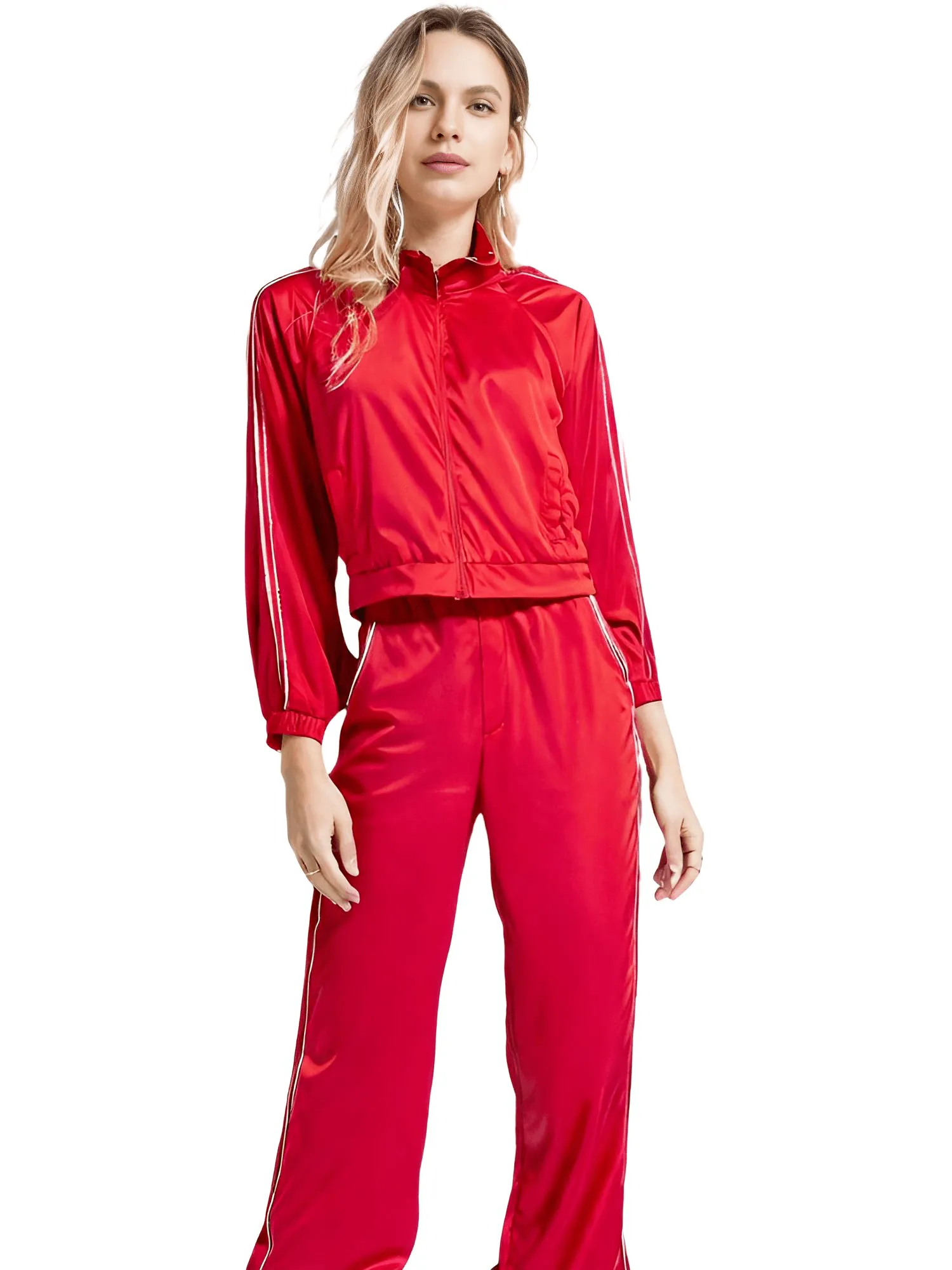 Side Zipper Straight Pant Loose Red Wide Leg Pants Jacket Fashion Streetwear