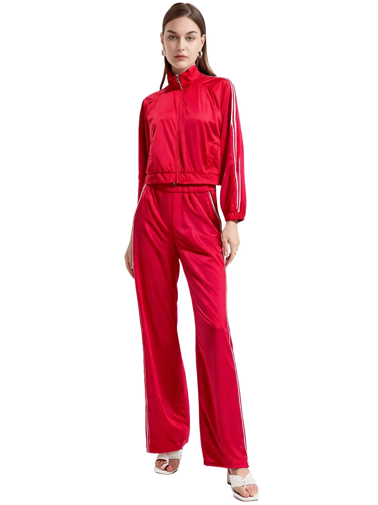 Side Zipper Straight Pant Loose Red Wide Leg Pants Jacket Fashion Streetwear