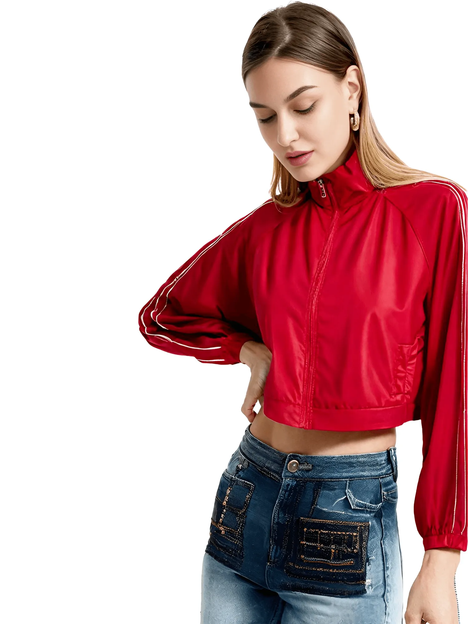 Side Zipper Straight Pant Loose Red Wide Leg Pants Jacket Fashion Streetwear