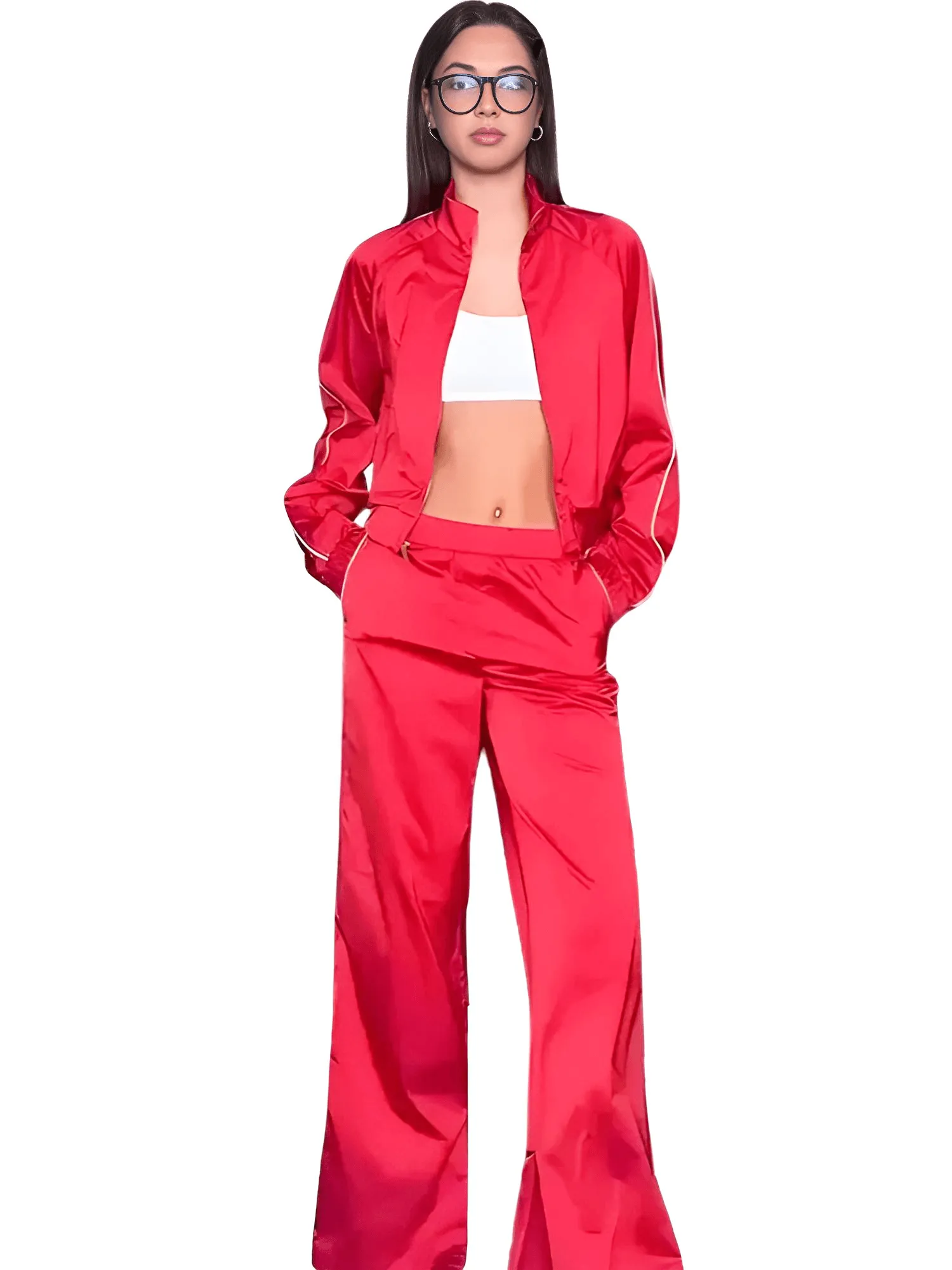 Side Zipper Straight Pant Loose Red Wide Leg Pants Jacket Fashion Streetwear