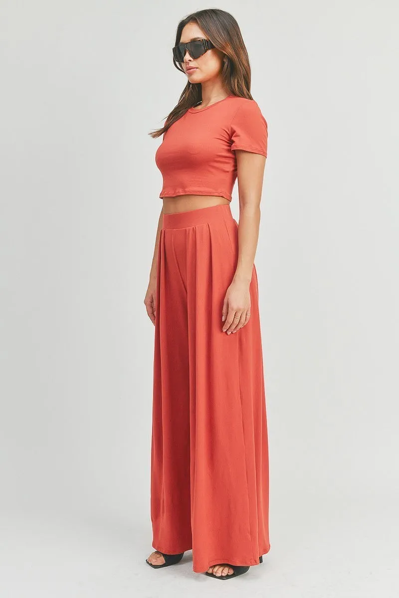 Simple Crop Top And Palazzo Pants Set - Ships from The US