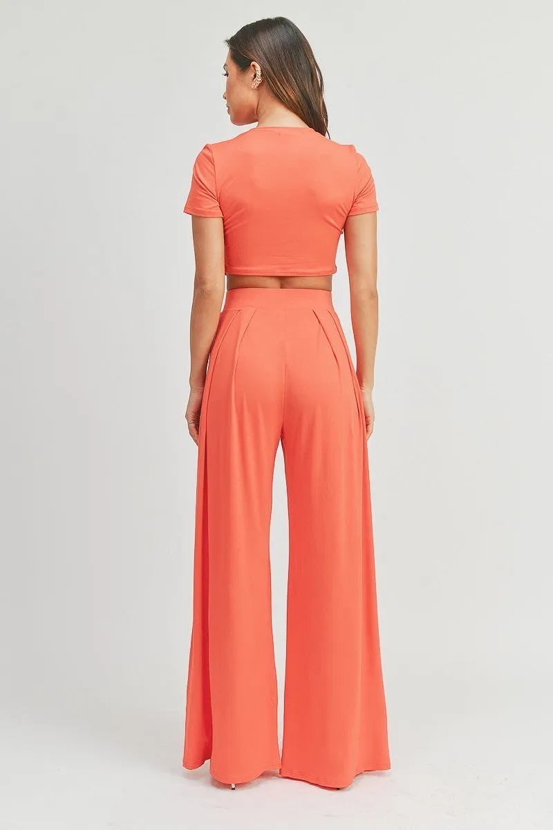 Simple Crop Top And Palazzo Pants Set - Ships from The US