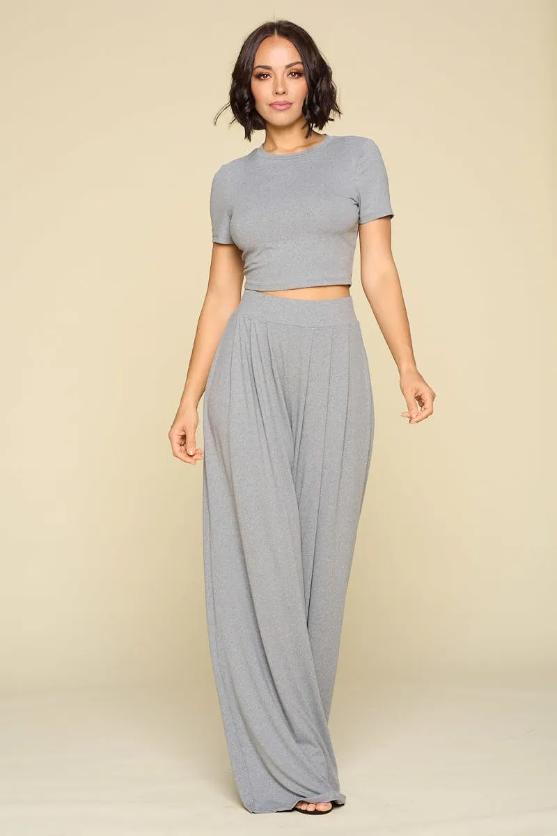 Simple Crop Top And Palazzo Pants Set - Ships from The US