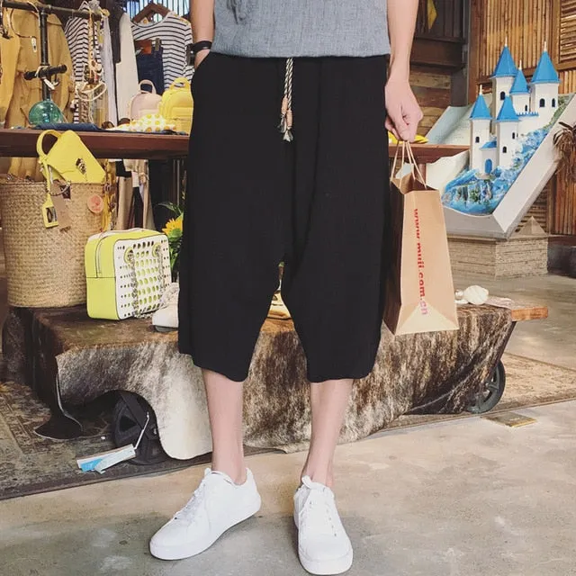 Sinicism Store Ins Mens Ethnic Style Clothing 2018  Man Solid Casual Black Pants Male Summer Harajuku Calf-Length Pants