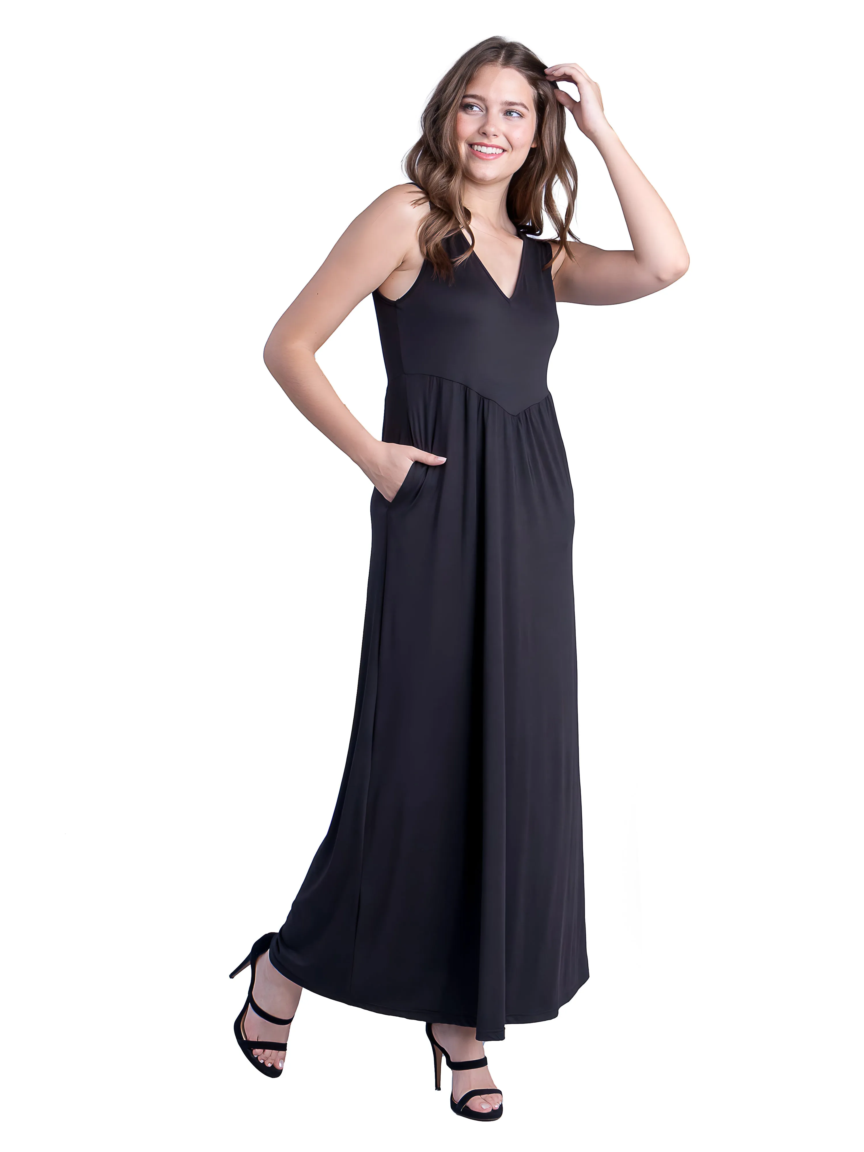 Sleeveless V Neck Maxi Dress with Pocket Detail