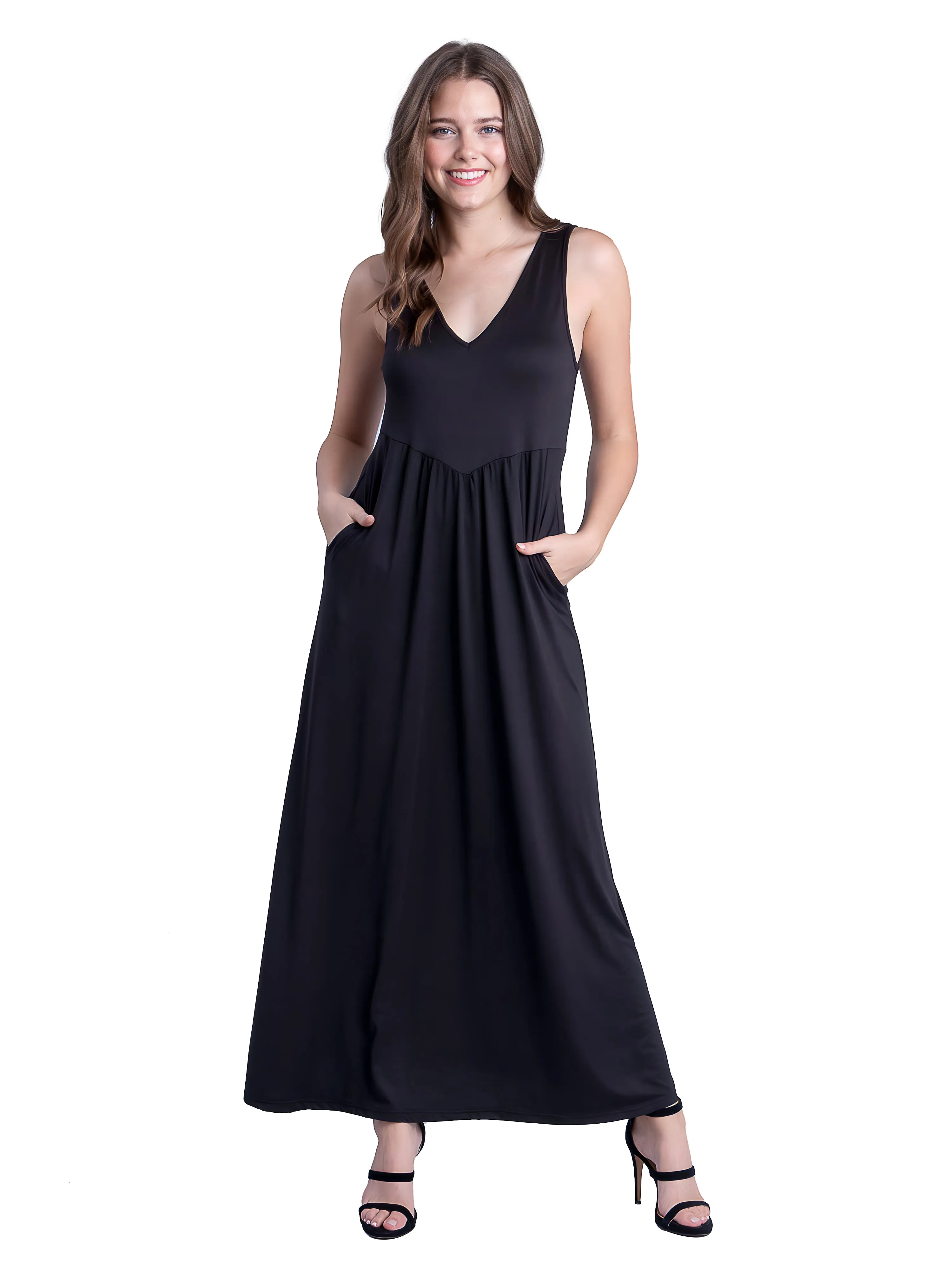 Sleeveless V Neck Maxi Dress with Pocket Detail