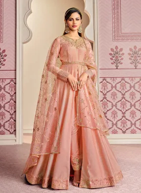 Soft Peach Zari Embroidered Slit Style Anarkali Pant Suit