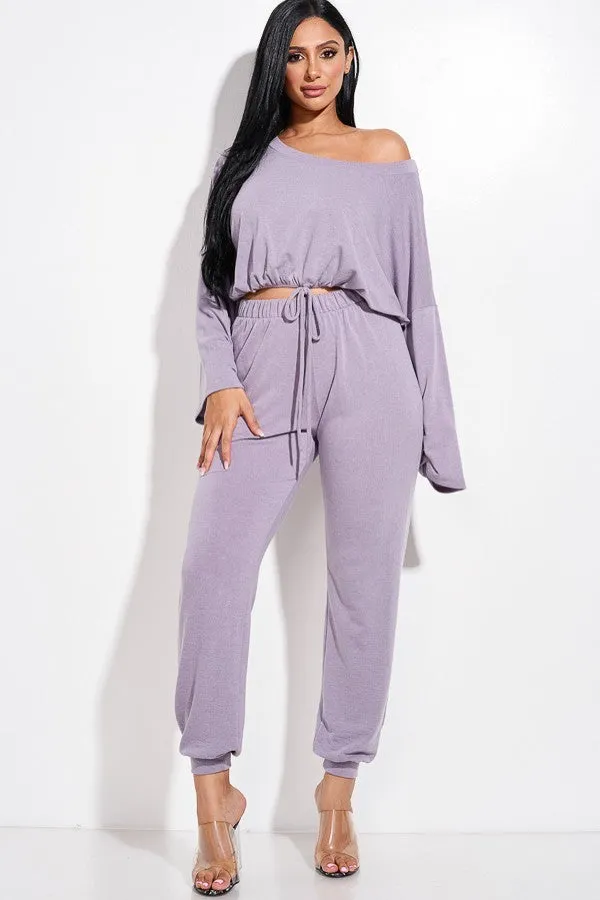 Solid French Terry Long Sleeve Tie Front Slouchy Top And Jogger Pants Two Piece Set - 2 colors - Ships from The USA