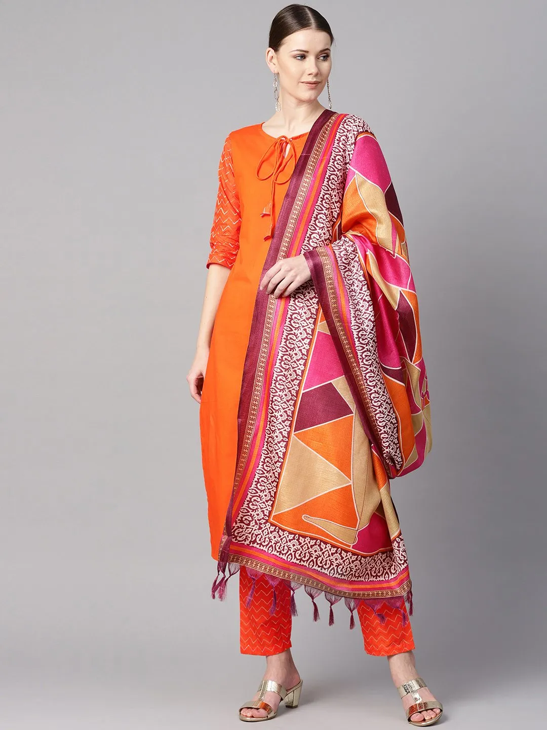 Solid Orange Kurta With Pants & Multi Coloured Dupatta