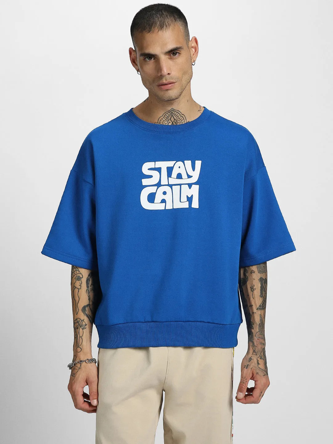 Stay Calm Blue Back Graphic Printed Sweatshirt