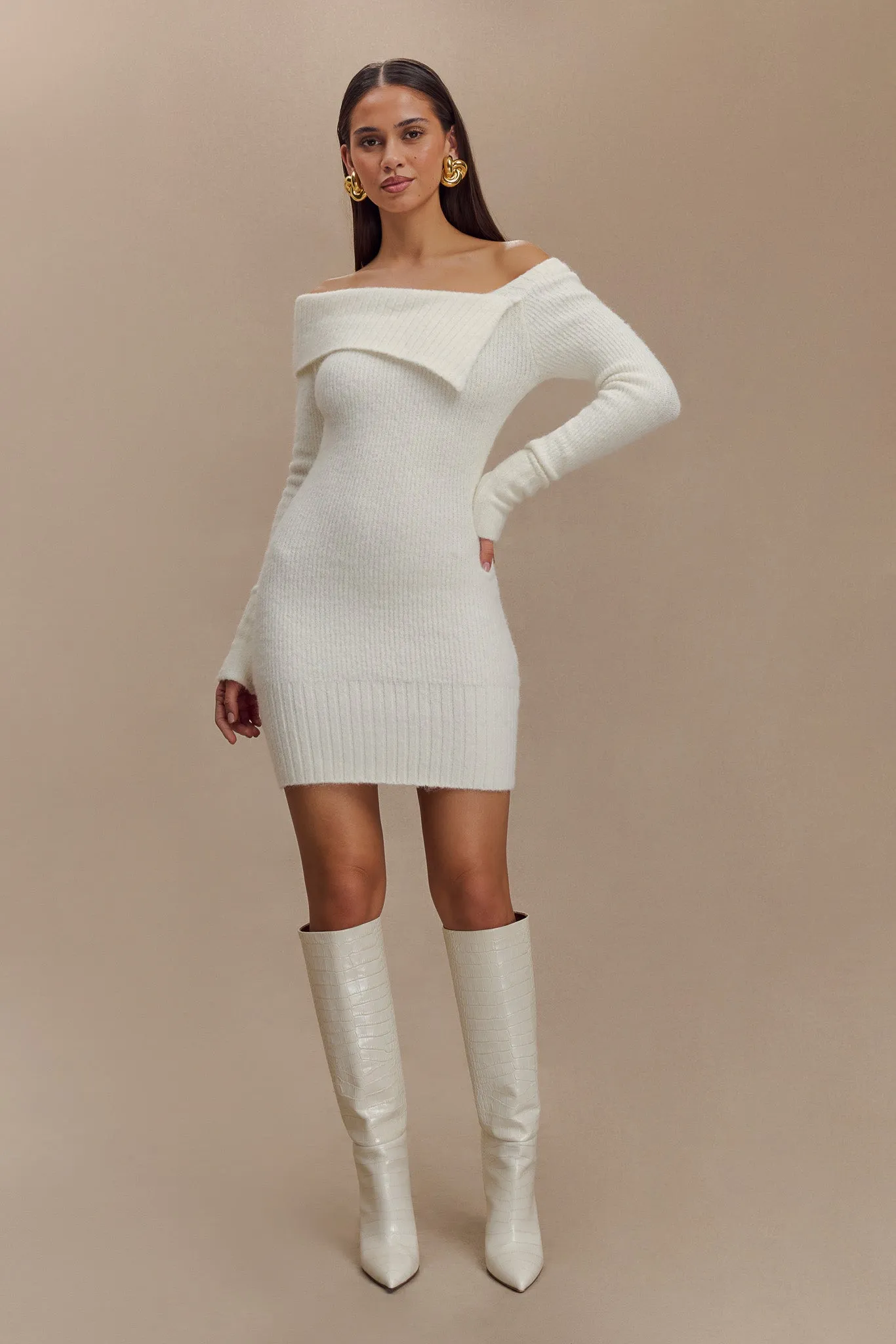 Stephanie Asymmetric Knit Mini Dress - Ivory