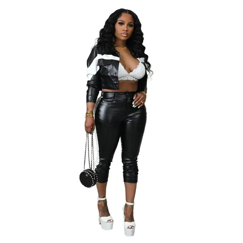 Street Biker Fashion Faux Leather Crop Jacket & High Waist Pants