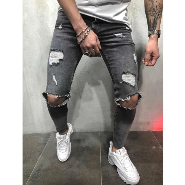 Streetwear Knee Ripped Skinny Jeans for Men Hip Hop Fashion Destroyed Hole Pants Solid Color Male Stretch Denim Trousers