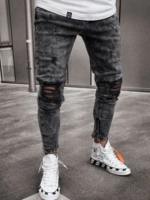 Streetwear Knee Ripped Skinny Jeans for Men Hip Hop Fashion Destroyed Hole Pants Solid Color Male Stretch Denim Trousers