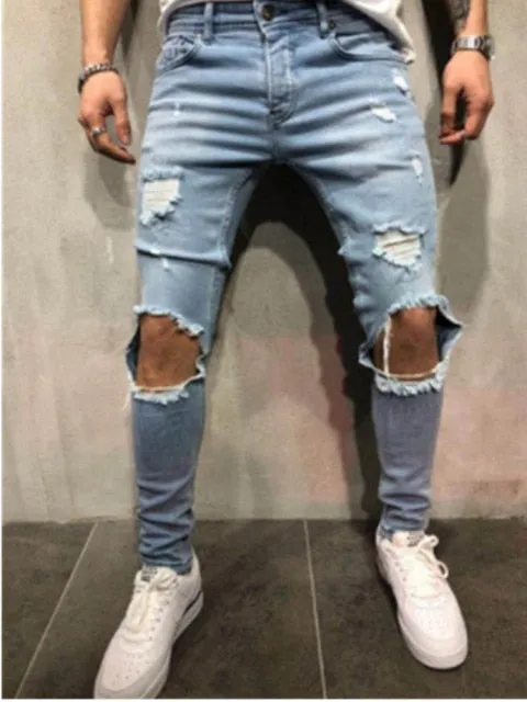 Streetwear Knee Ripped Skinny Jeans for Men Hip Hop Fashion Destroyed Hole Pants Solid Color Male Stretch Denim Trousers