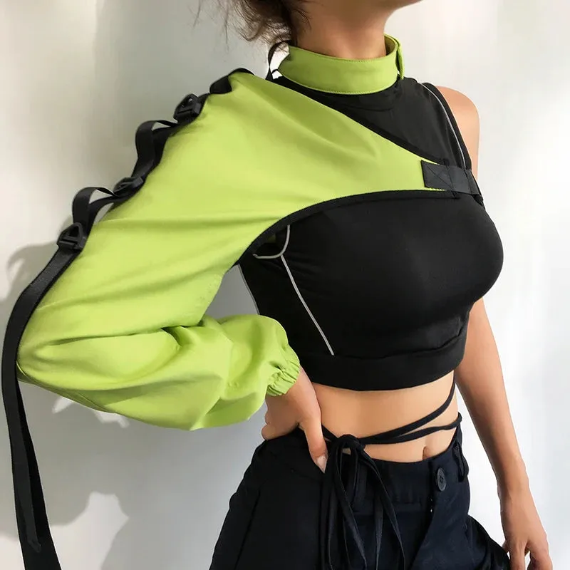 Streetwear Neon Halter Sweatshirt Hoodie Buckle Reflective Smock One Shoulder Women's Sweatshirts Holographic Outwear