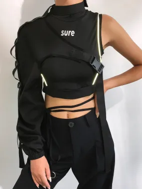 Streetwear Neon Halter Sweatshirt Hoodie Buckle Reflective Smock One Shoulder Women's Sweatshirts Holographic Outwear