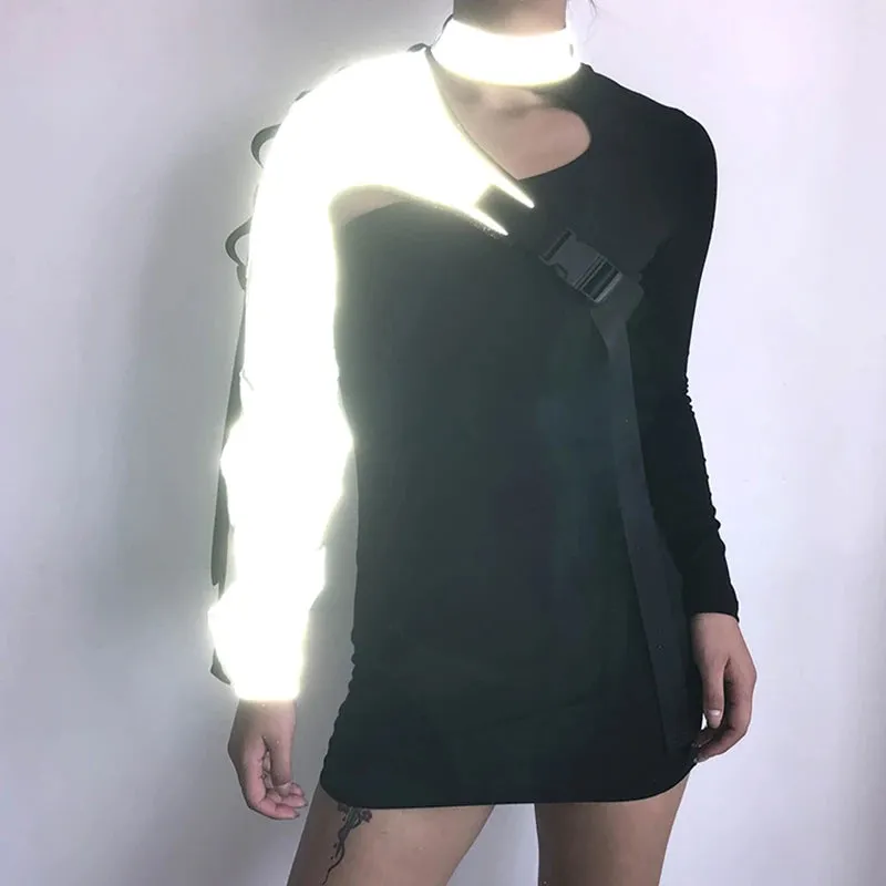 Streetwear Neon Halter Sweatshirt Hoodie Buckle Reflective Smock One Shoulder Women's Sweatshirts Holographic Outwear